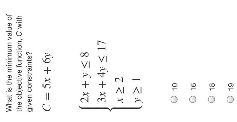 What is the minimum value of the objective function, C with given constraints? C=5x-example-1