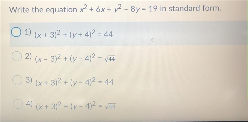 PLEASE HELP !! :))) Write the equation x2 + 6x + y2 - 8y = 19 in standard form. 1) (x-example-1