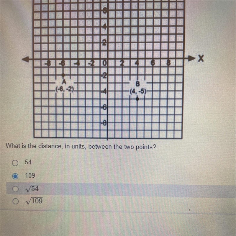 (-6, -2) (4, -5) what is the distance in units, between the two points-example-1