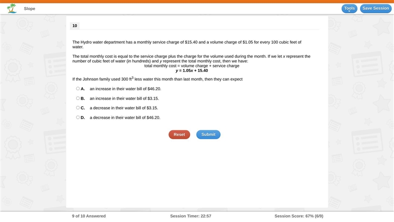 The Hydro water department has a monthly service charge of $15.40 and a volume charge-example-1