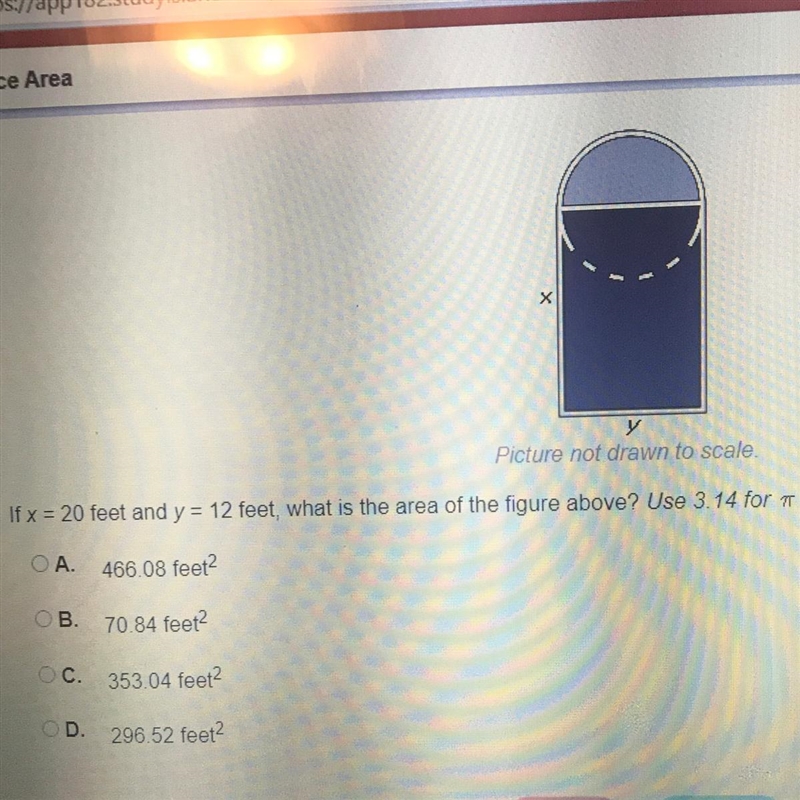 If x = 20 feet and y = 12 feet, what is the area of the figure above? Use 3.14 for-example-1