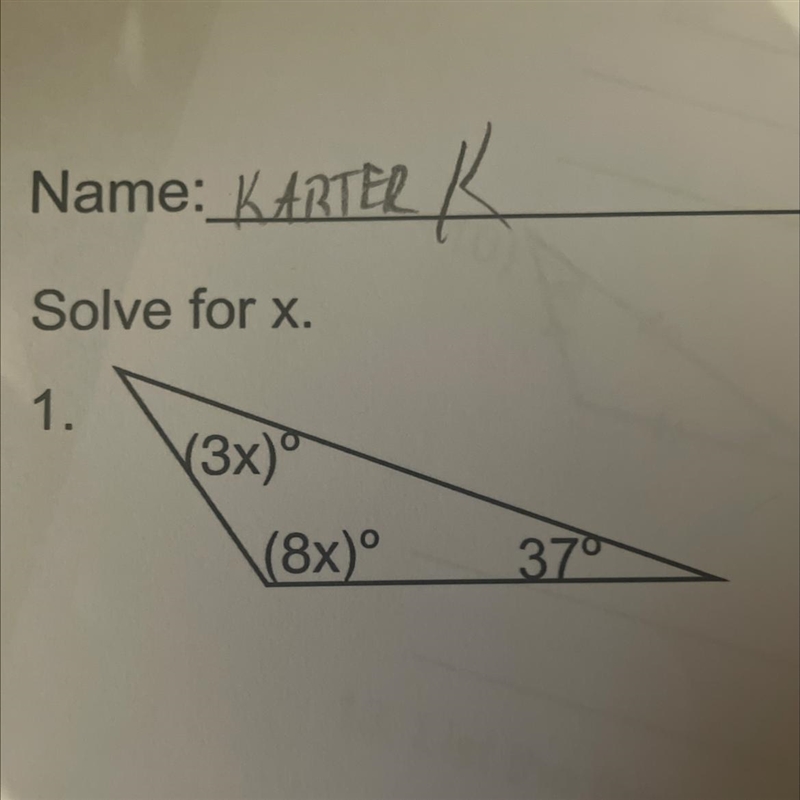 Solve for x. 1. (3x)º (8x)º 37°-example-1