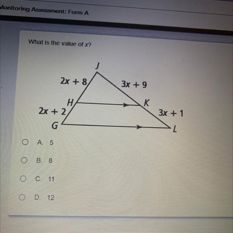 PLS ANSWER RNN What is the value of x? A. 5 B. 8 C. 11 D. 12-example-1