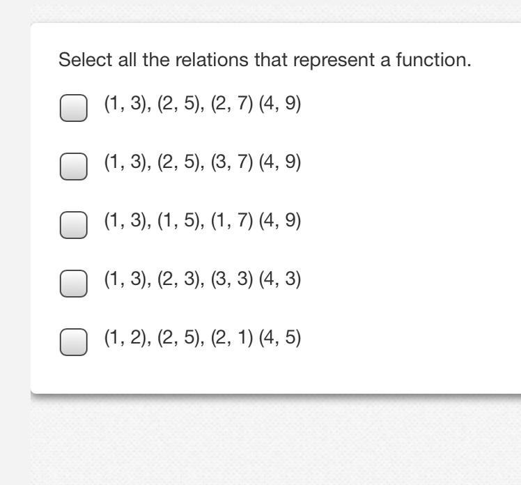 Select all the relations that represent a function.-example-1