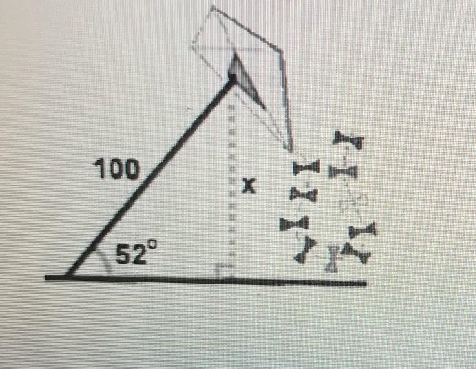 A 100 foot string attached to a kite makes a 52° angle with the ground. What is the-example-1