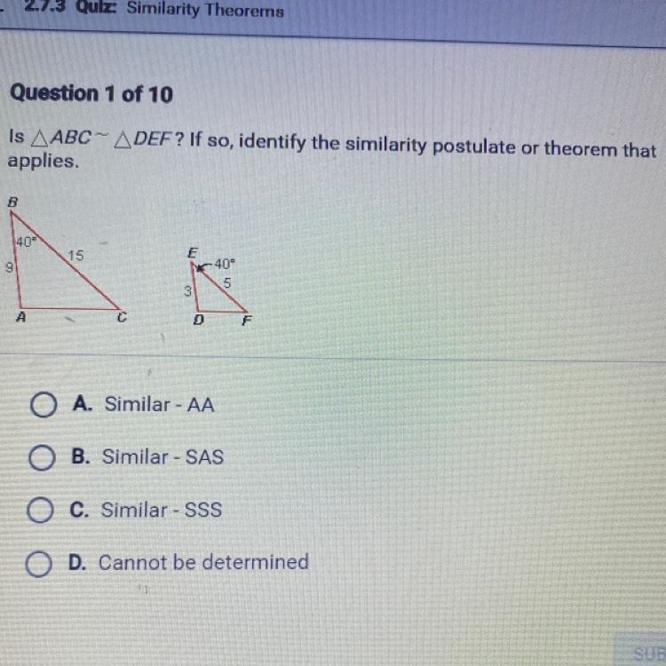 ⚠️PLEASE HELP FAST⚠️ Is ABC“ ADEF? If so, identify the similarity postulate or theorem-example-1