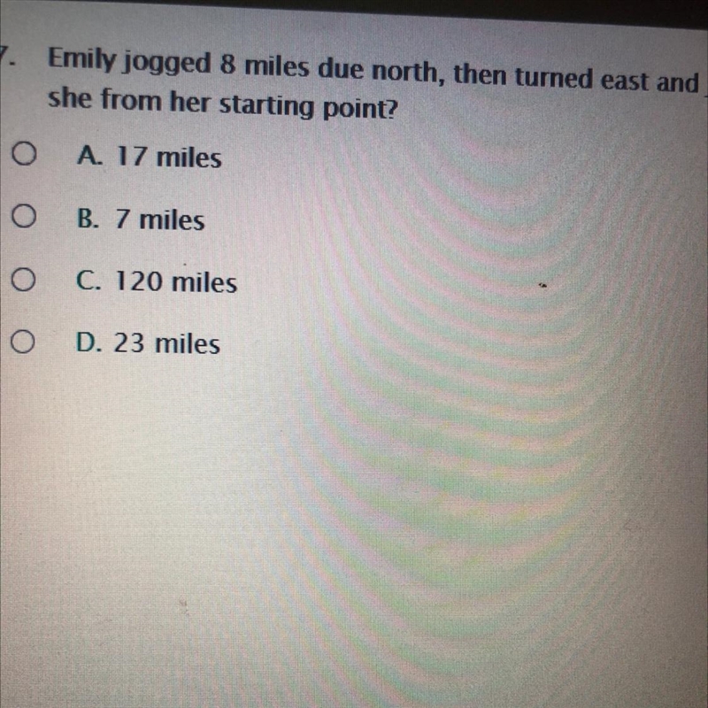 Emily jogged 8 miles due north, then turned east and jogged 15 miles. How many miles-example-1