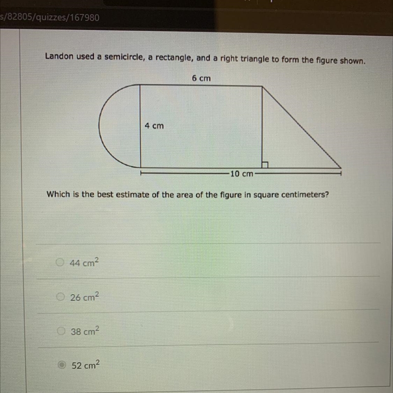 Landon used a semicircle, a rectangle, and a right triangle to form the figure shown-example-1