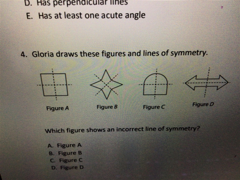 Gloria draws these figures and lines of symmetry Which figure shows an incorrect line-example-1