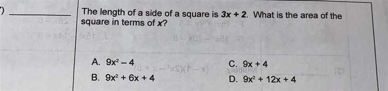 The length of a side of a square is 3x + 2. What is the area of the square in terms-example-1