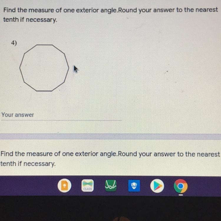 Find the measure of one exterior angle. Round your answer to the nearest 3 points-example-1