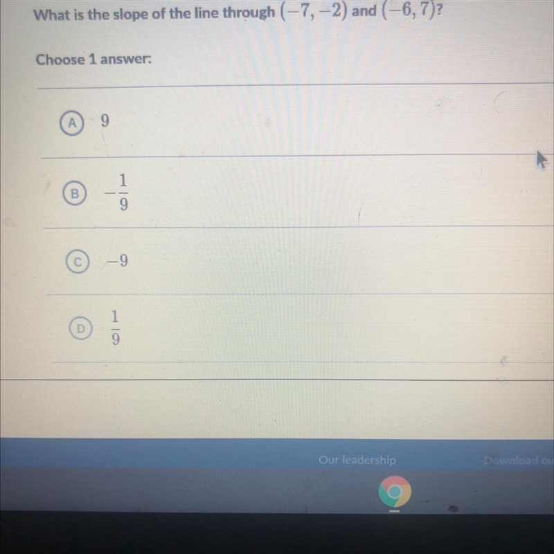 What is the slope of the line through (-7, -2) and (-6, 7)? Choose 1 answer: А 9 1 B-example-1