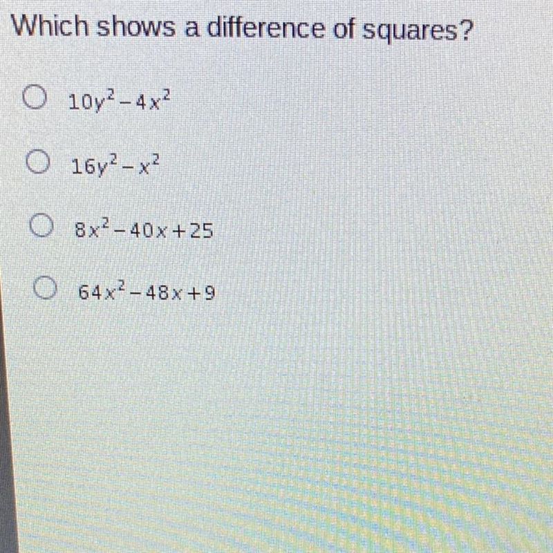 Which shows a difference of squares?-example-1