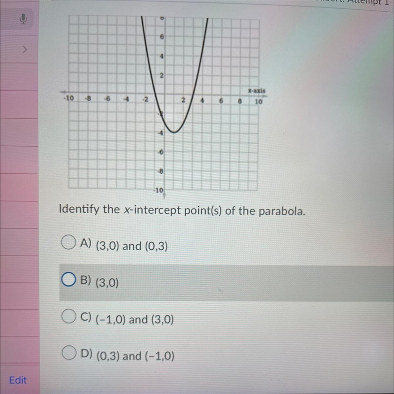 Identify the x-intercept points of the parabola-example-1