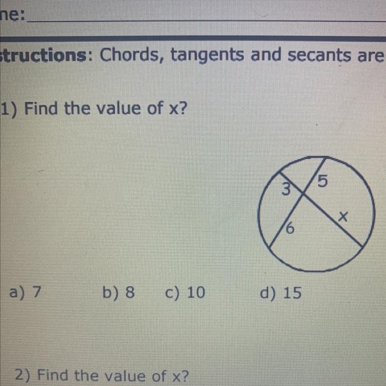 Find the value of x A. 7 B. 8 C. 10 D. 15-example-1