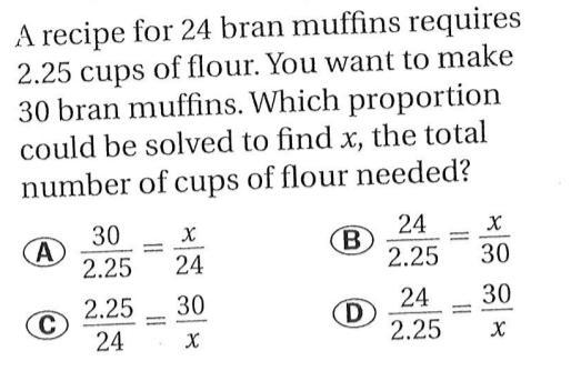 a recipe for 24 bran muffins requires 2.25 cups of flour. You want to make 30 bran-example-1