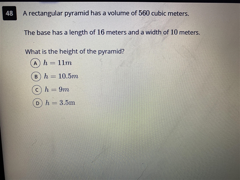 a rectangular pyramid has a volume of 560 cubic meters. the base has a length of 16 meters-example-1