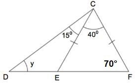 DEF is a straight line. CE = CF. Find the size of the angle marked y.-example-1