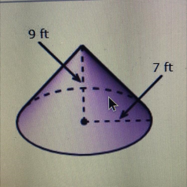 9 ft 7 ft What is the volume of the cone to the nearest cubic foot? (Use II = 3.14)-example-1