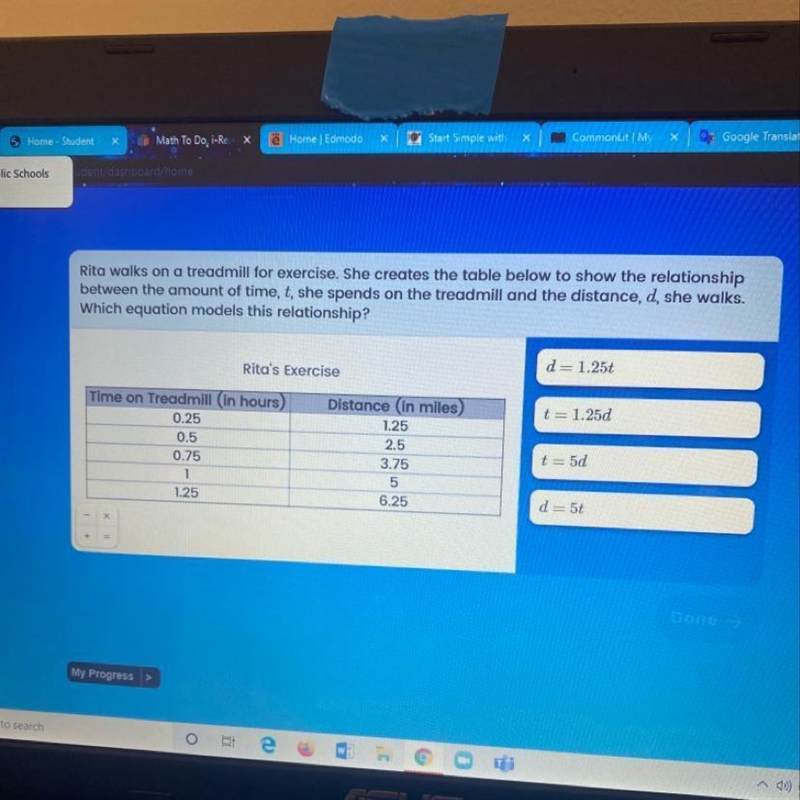 Rita walks on a treadmill for exercise. She creates the table below to show the relationship-example-1