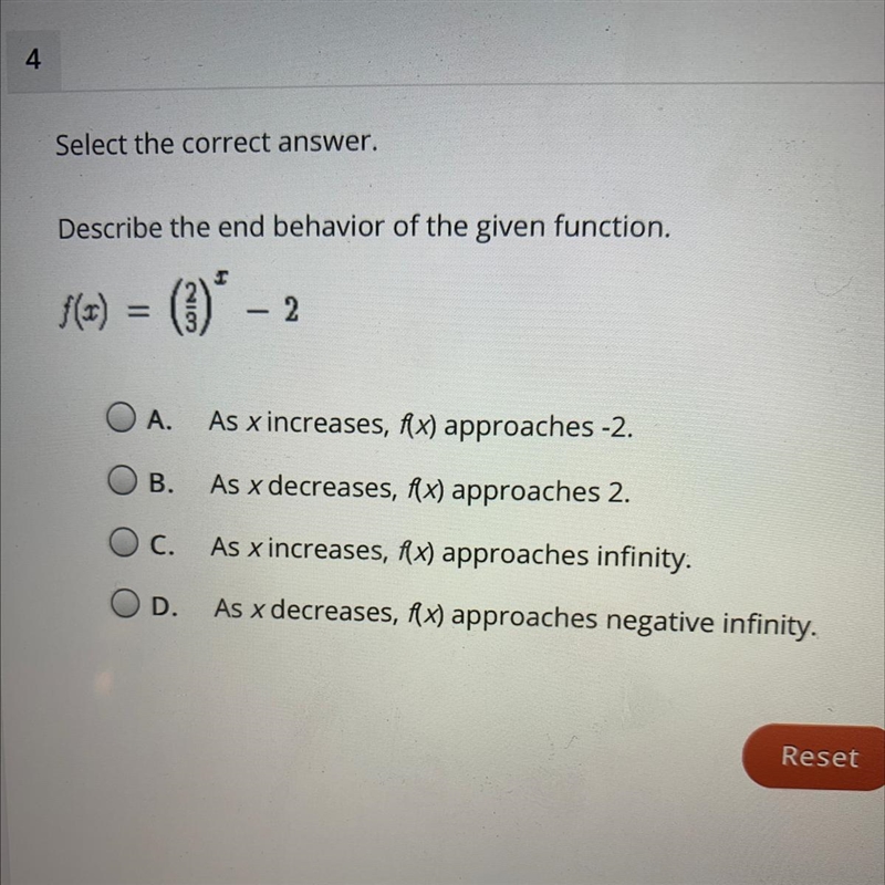 Describe the end behavior of the given function. F(x) = (2/3)^x - 2-example-1