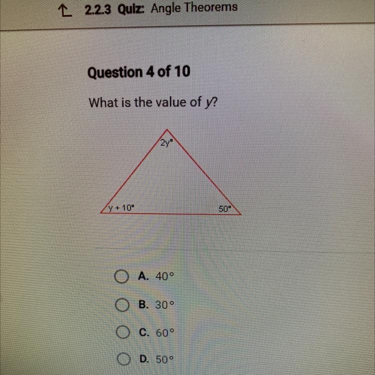 What is the value of y? A. 400 B. 30 C. 60° D. 500-example-1