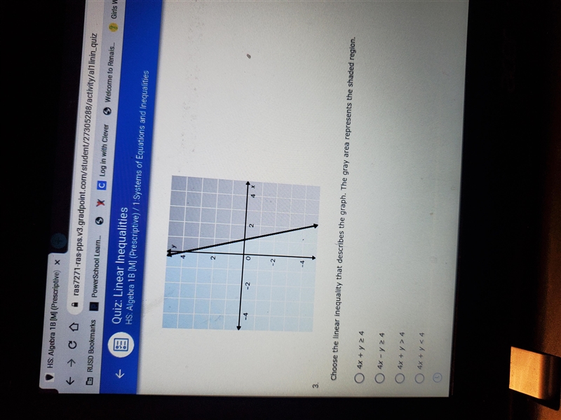 Choose the linear inequality that describes the graph. The gray area represents the-example-1