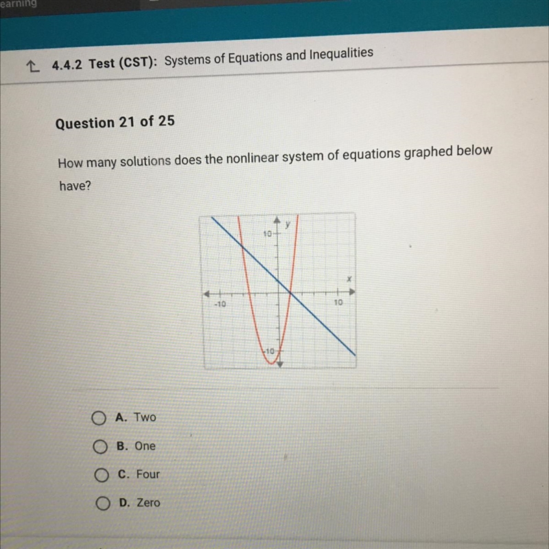 Help!! How many solutions does the nonlinear system of equations graphed below have-example-1