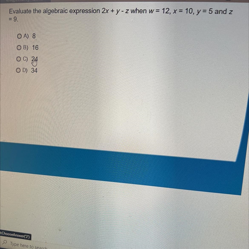 Evaluate the algebraic expression 2x + y- z when w = 12, x = 10, 5 and z = 9-example-1