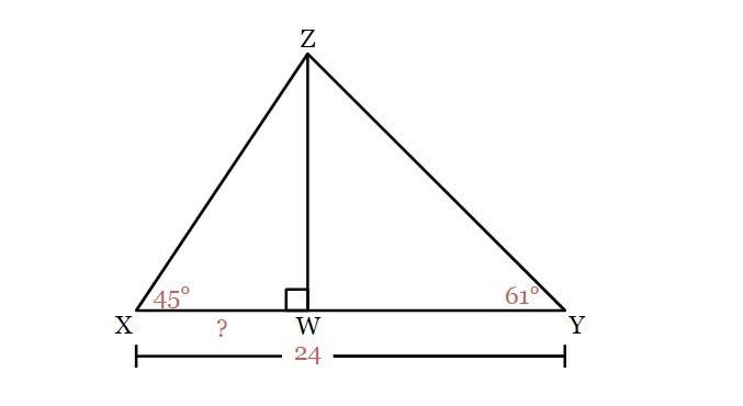 In ΔXYZ, ∠X=45° and ∠Y=61°. ∠XWZ=90° and XY=24. Find the length of XW to the nearest-example-1