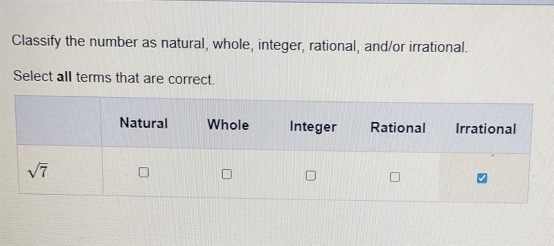 Classify the number as natural, whole, integer, rational, and/or irrational. Select-example-1