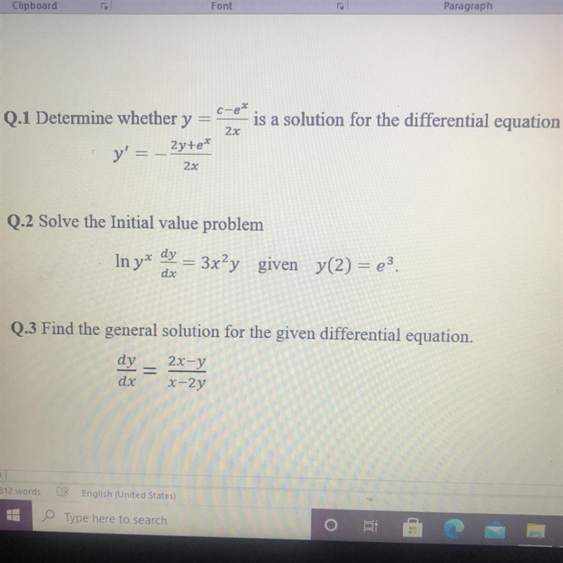 Q.1 Determine whether y = (c - e ^ x)/(2x); y^ prime =- 2y+e^ x 2x is a solution for-example-1