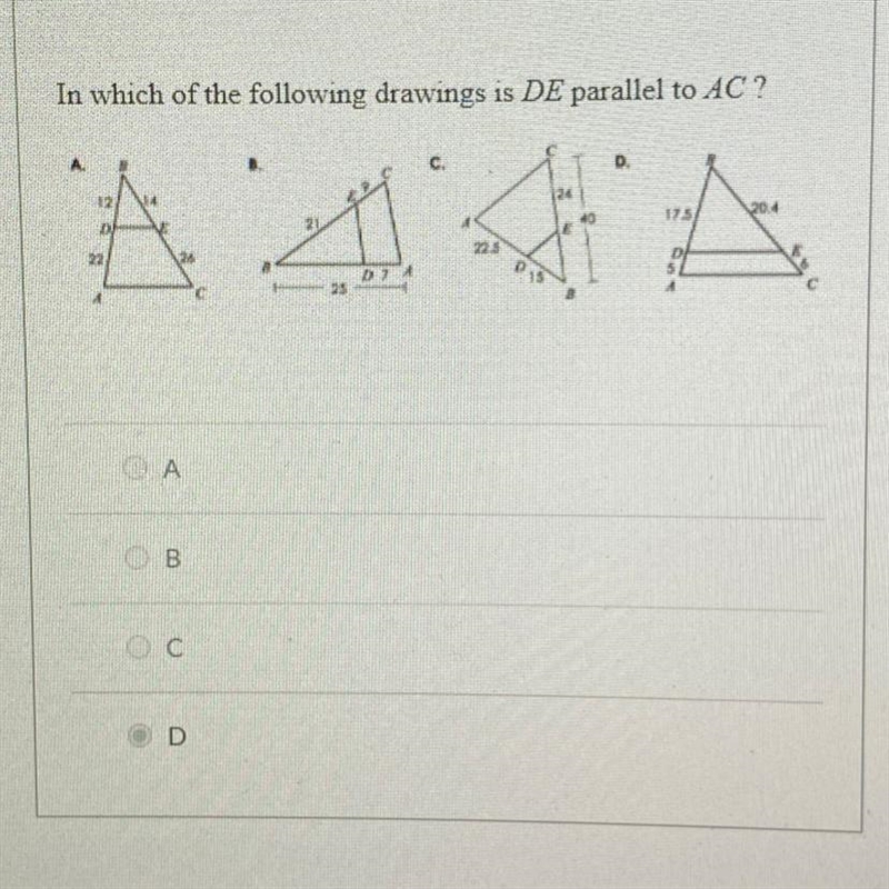 In which of the following drawings is DE parallel to AC?-example-1