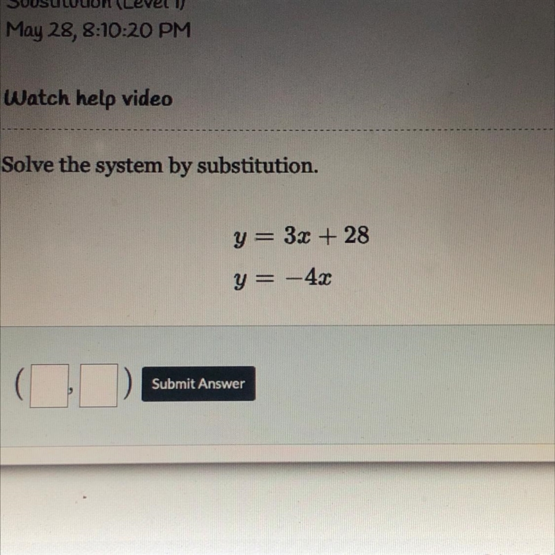 Solve the system by substitution. y = 3x + 28 y = -4x-example-1