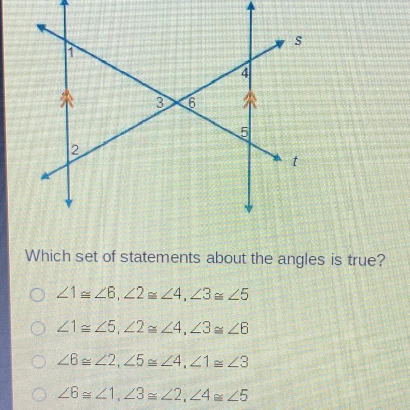 Line v is parallel to line w Which set of statements about the angle is true-example-1