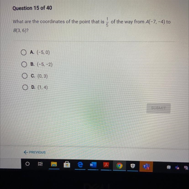 What are the coordinates of the point that is 1/5 of the way from A(-7,-4) to B(3,6)? A-example-1