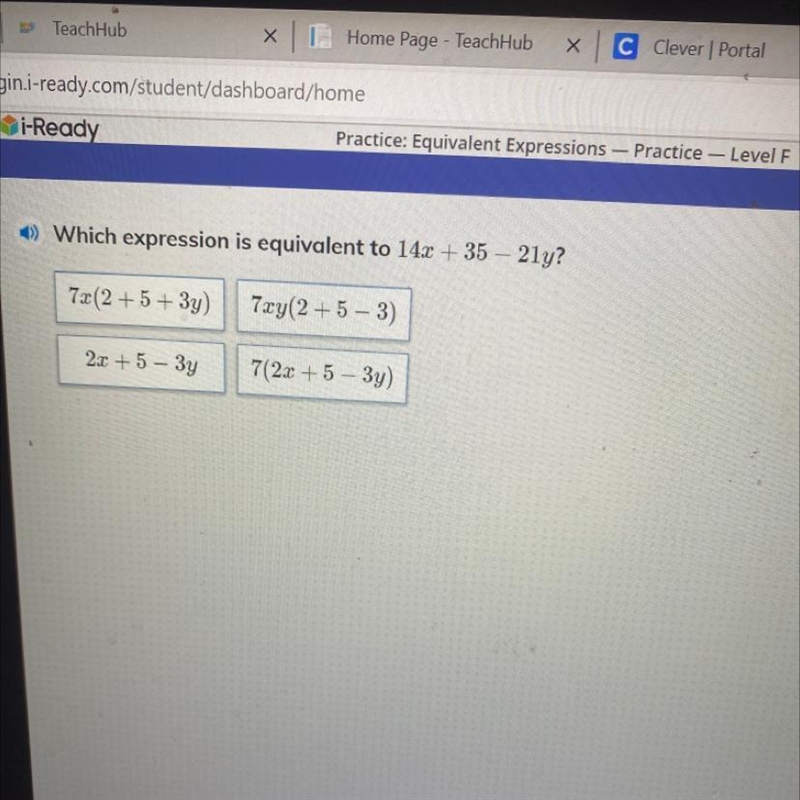 Which expression is equivalent to 142 +35 - 2142 7z(2-5-39) 7zy(2-5-3) 21-5-39 7(2z-example-1