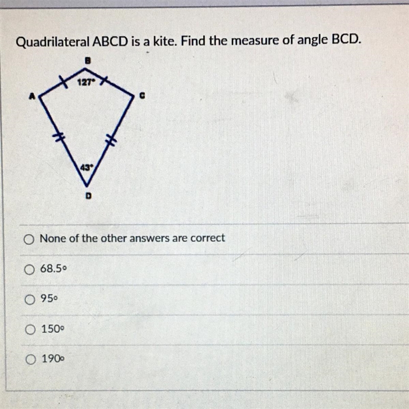 Quadrilateral ABCD is a kite. Find the measure of angle BCD.-example-1