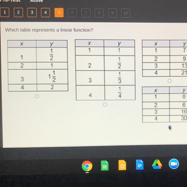 HELP I HAVE A TIMER!!!! Which table represents a linear function?-example-1