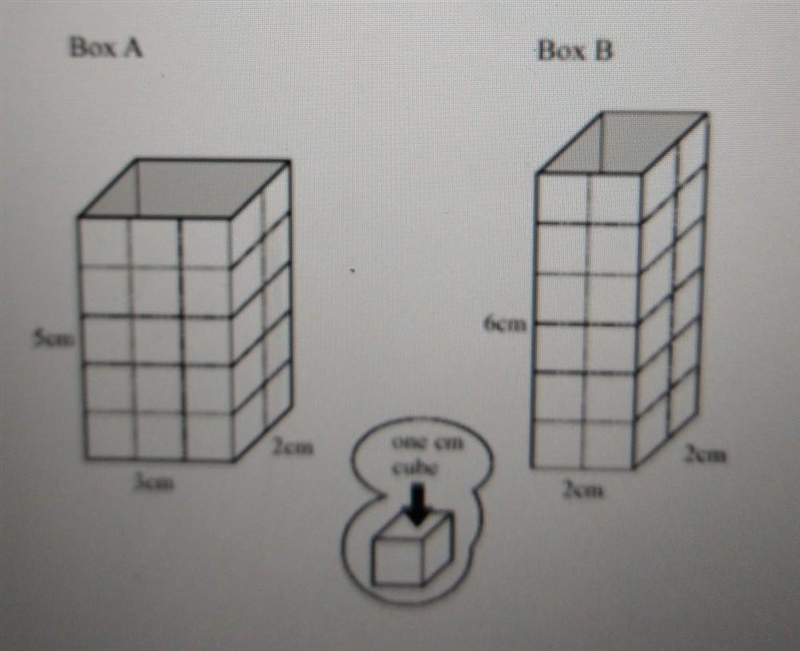 •What is the volume of Box A in cubic centimeters? •What is the volume of Box B in-example-1