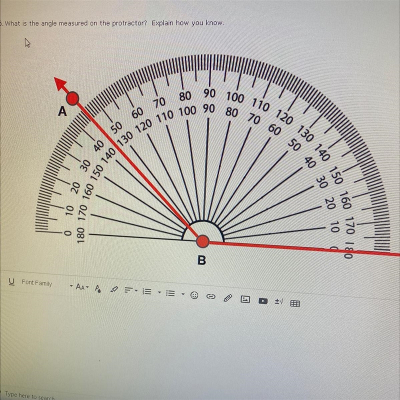 What is the angle measured on the protractor? Can you please explain how you know-example-1