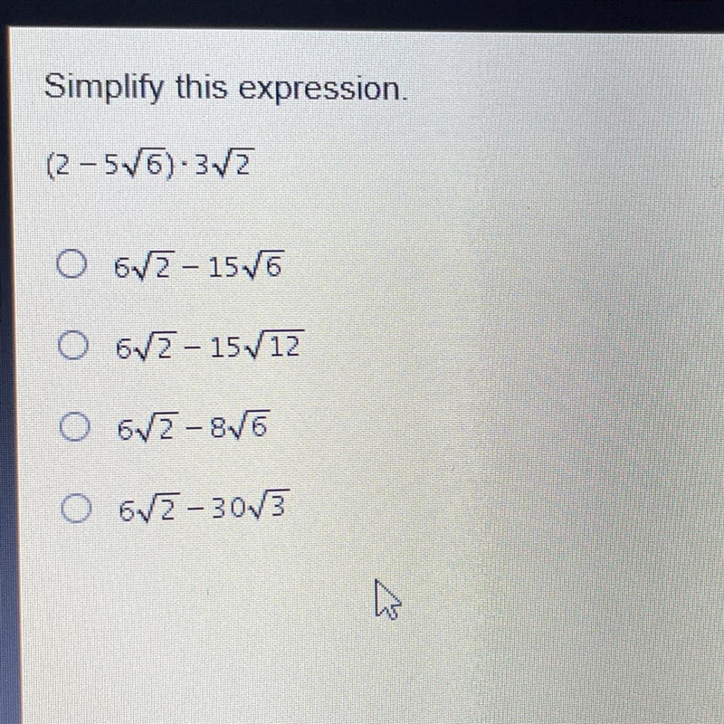 Simplify this expression. (2 - 5/6) 3/2 O 6V2 - 1576 62 - 15/12 O 672-876 O 672-30/3-example-1