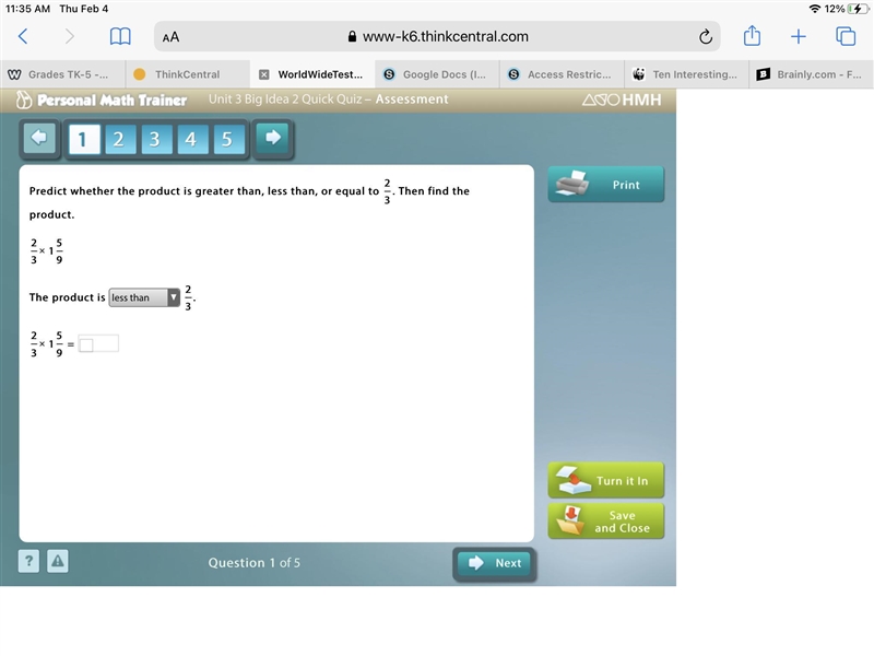 Predict whether the product is greater than, less than, or equal to 2/3-example-1