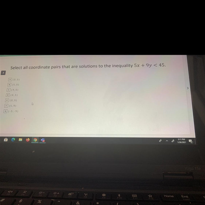 Select all coordinate pairs that are solutions to the inequality 5x + 9y < 45. 3 A-example-1