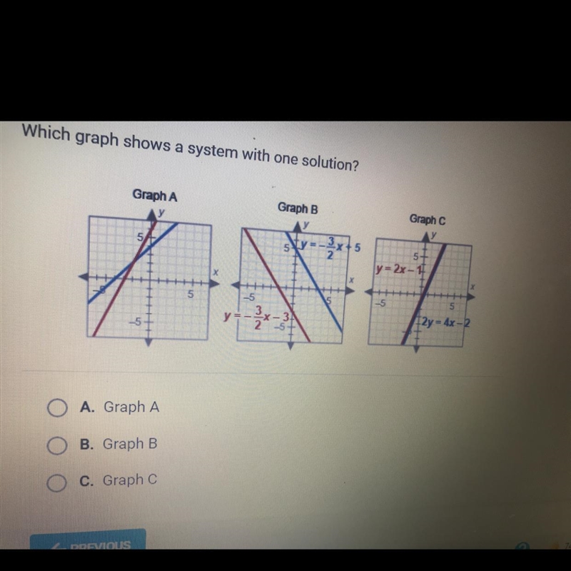 Which graph shows a system with one solution?-example-1