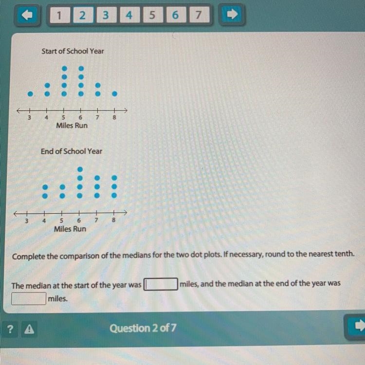 The two dot plots below show the number of the miles run by 14 students at the beginning-example-1