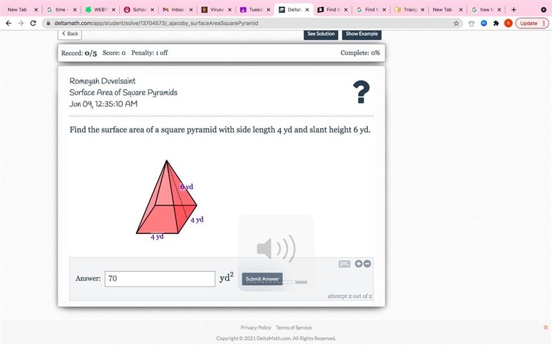 Find the surface area of a square pyramid with side length 4 yd and slant height 6 yd-example-1