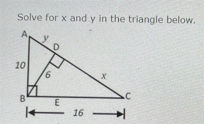 Solve for x and y in the triangle below-example-1