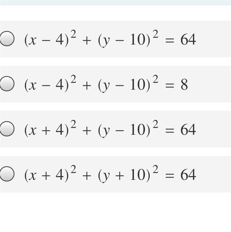 What is the equation of a circle that has a center at (-4, 10) and a radius of 8?-example-1