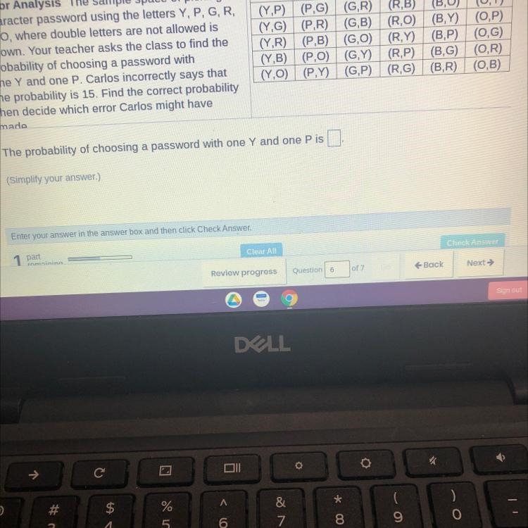 The sample space of picking a 2 character password using the letters Y, P, GR, B, O-example-1